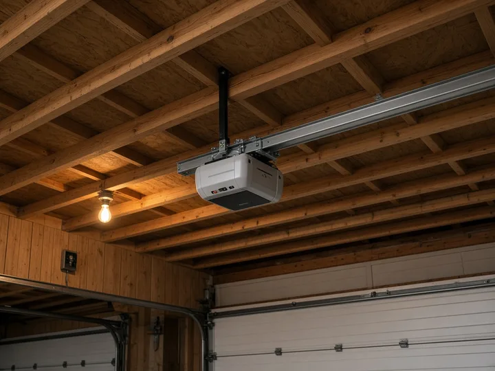 Garage door opener mounted to the ceiling with the rail fitted
