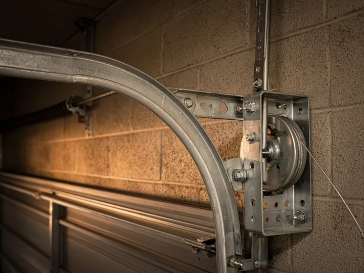 Curved galvanised garage door tracks with mounting bracket and cable drum